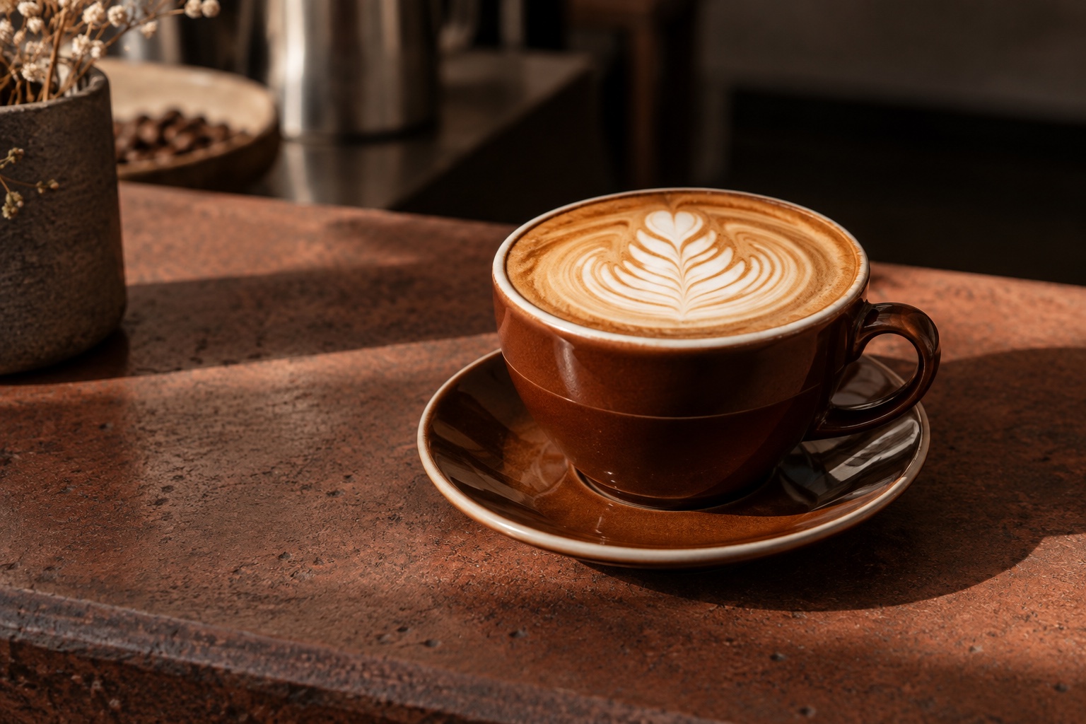 Cappuccino auf einem Terrakotta-Tresen